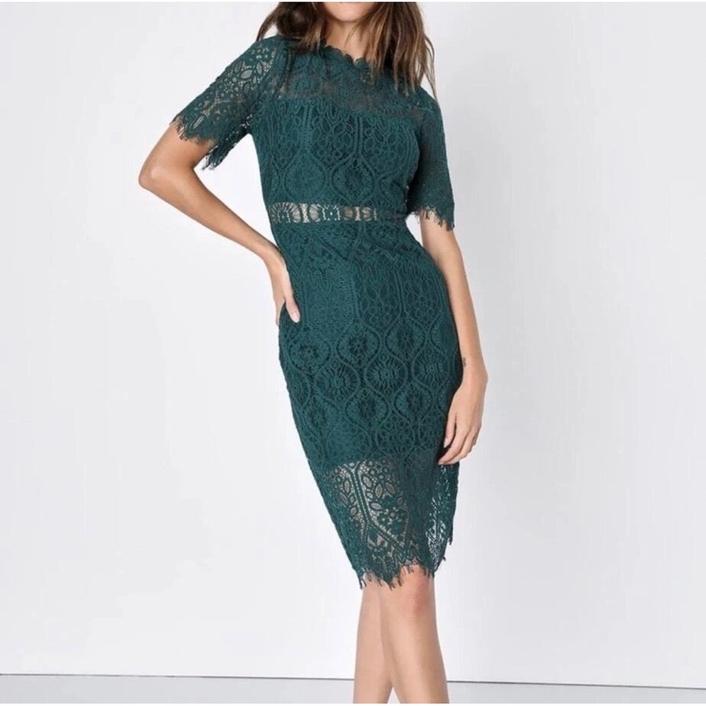 Lulus Remarkable Forest Green Lace Short‎ Sleeve Midi Dress M Sheer Knee Length